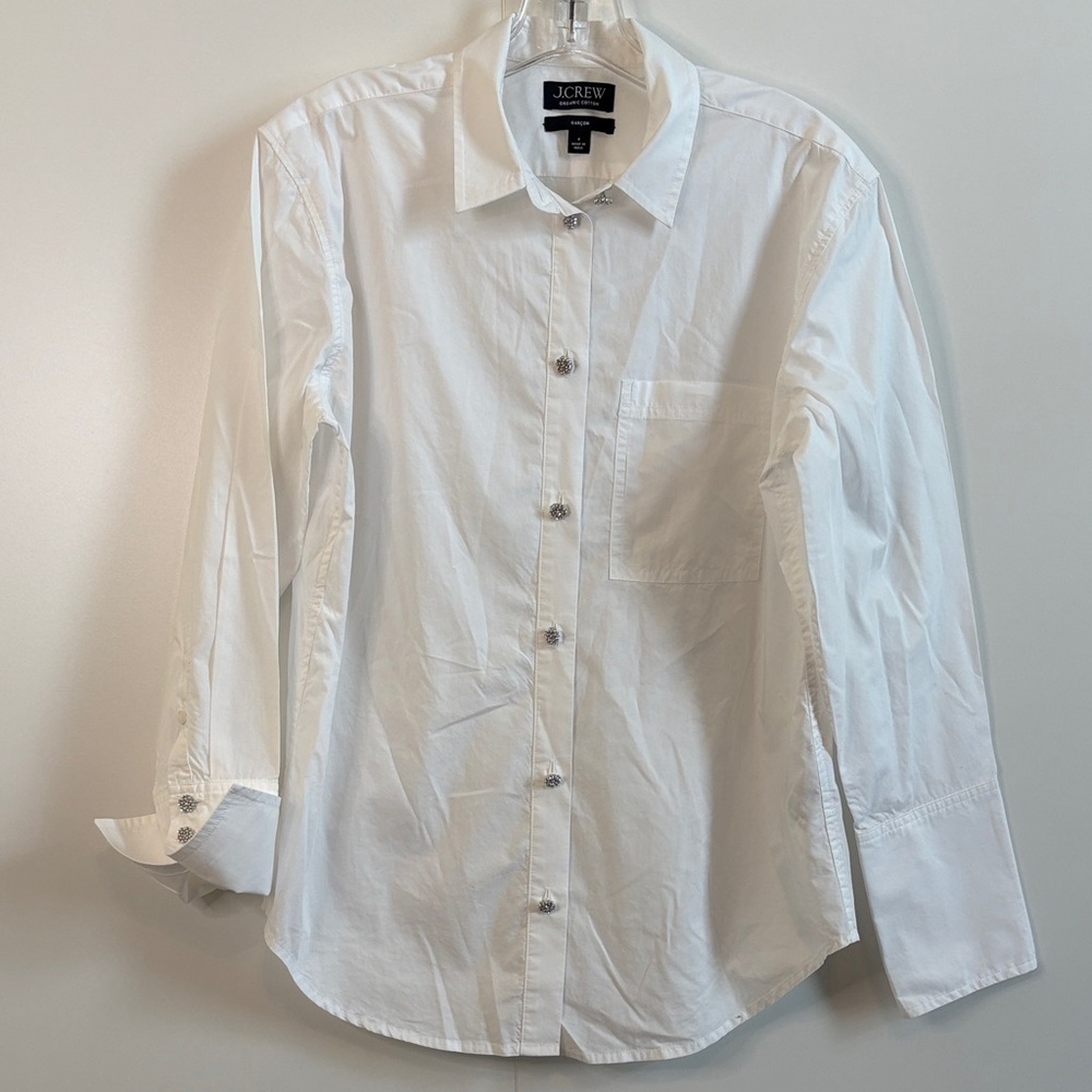 J. Crew Organic Cotton “Garçon” White Button-Up Blouse with Crystal buttons